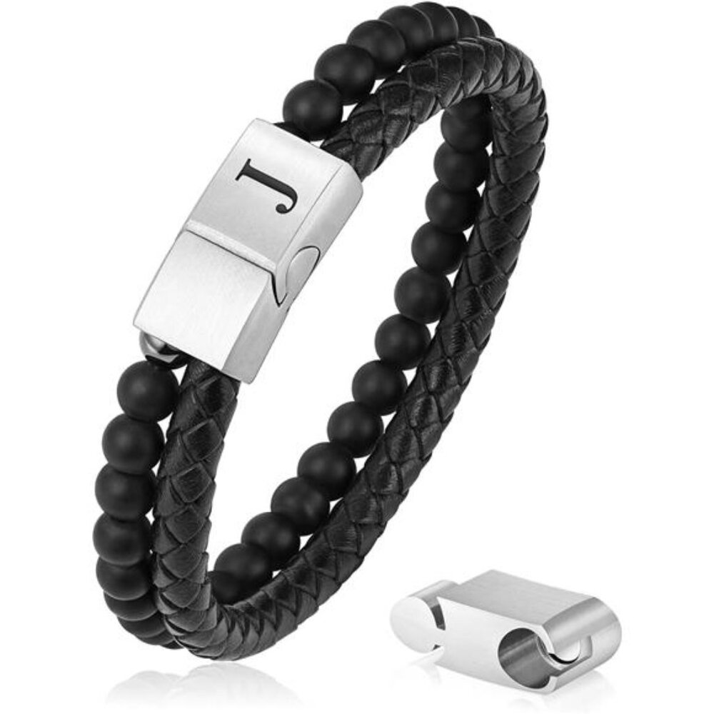 Beaded Leather Bracelet Initial Matte Agate Stone Adjustable Magnetic Clasp